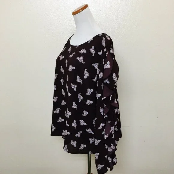 1.State Women's Paisley Petals Ruffle Slit Sleeve Top Crepe Blouse XXL Bateau - Picture 3 of 8